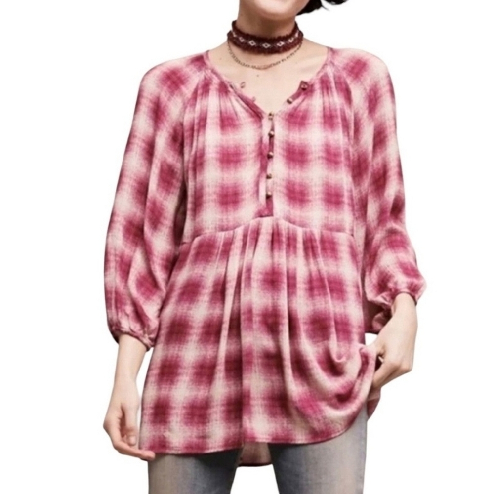 Maeve Plaid Babydoll Blouse in Maroon and Cream